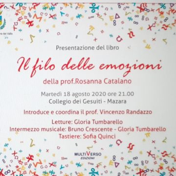 Presentazione del libro di Rosanna Catalano “Il filo delle emozioni” oggi alle ore 21 Collegio dei Gesuiti a Mazara