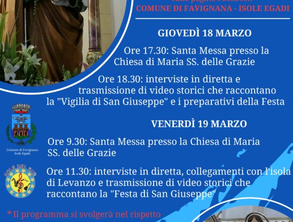 Festività di San Giuseppe in diretta streaming da Marettimo e con testimonianze da Levanzo in onore del Santo Patrono e delle due isole dell’arcipelago sulla pagina Facebook del Comune