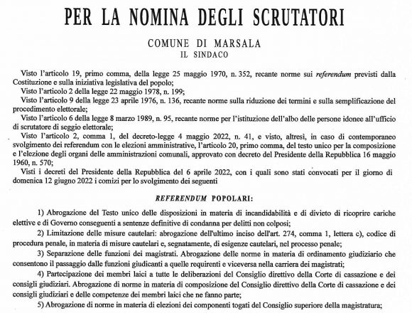 Referendum del 12 Giugno, si nominano gli scrutatori