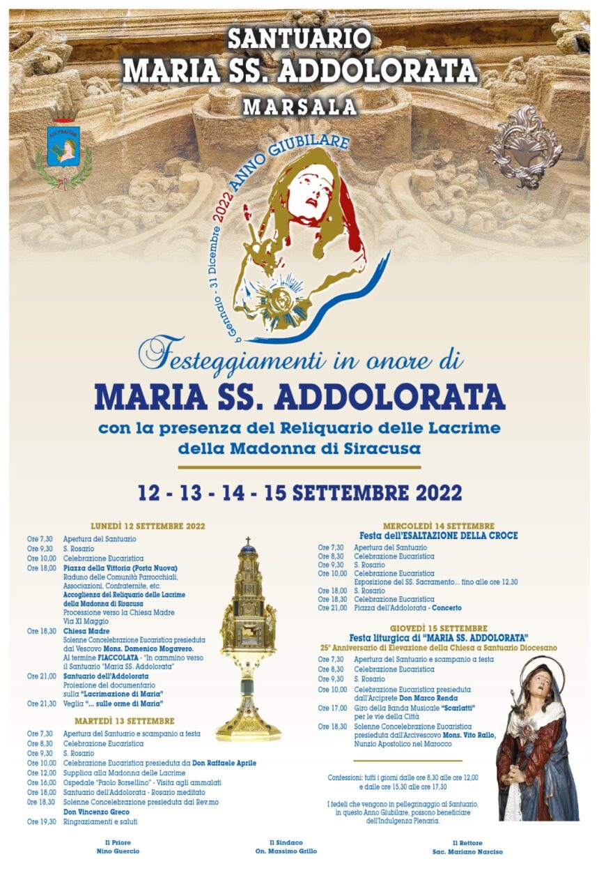 Dal 12 settembre festeggiamenti in onore di Maria SS. Addolorata, a Marsala il reliquiario delle lacrime della Madonna di Siracusa