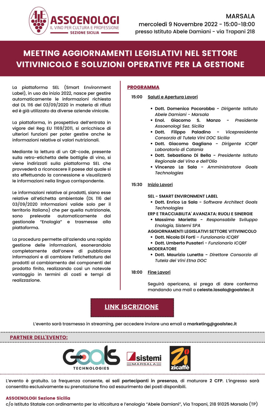 Aggiornamenti legislativi nel settore vitivinicolo e soluzioni operative per la gestione: domani il meeting promosso da Assoenologi Sicilia