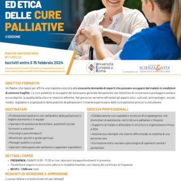 Master di I Livello in Psicologia ed etica delle cure palliative – II Edizione proposto dall’Università Europea di Roma in collaborazione con l’Associazione Scienza e Vita